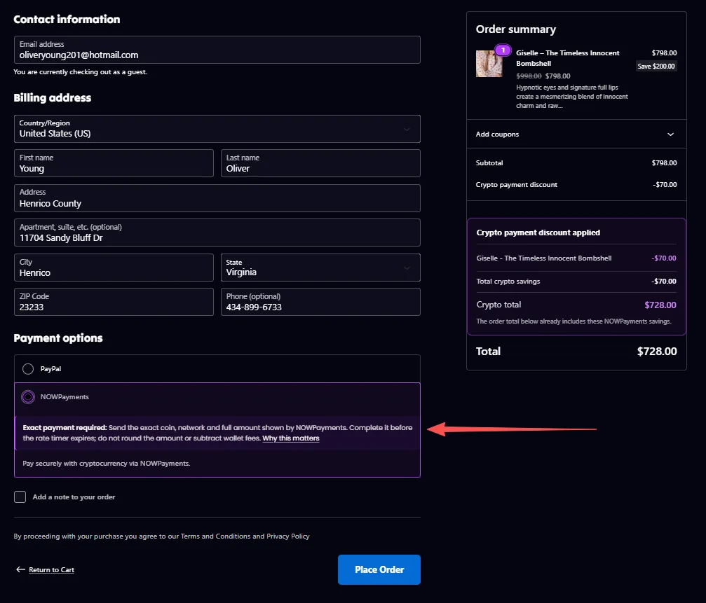 9Crave checkout page with NOWPayments selected as the crypto payment method