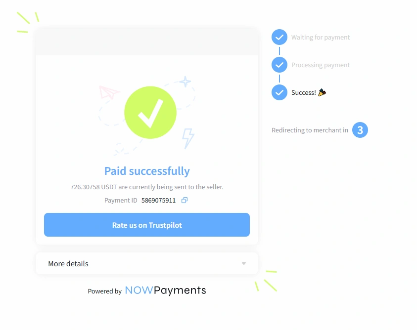NOWPayments confirmation page showing that the crypto payment was completed successfully