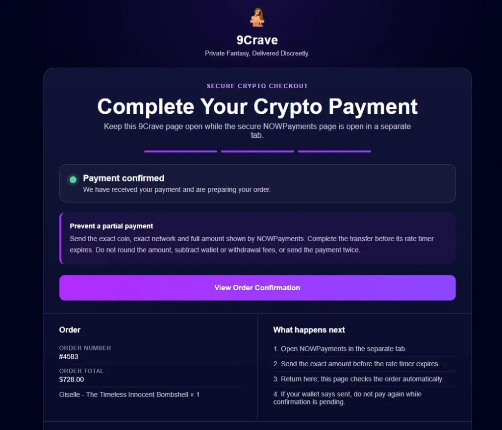 9Crave crypto payment confirmation page with the order confirmation button