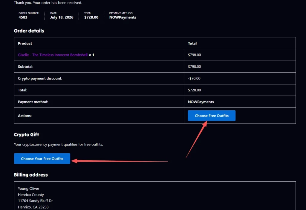 9Crave order details page showing the Choose Free Outfits button
