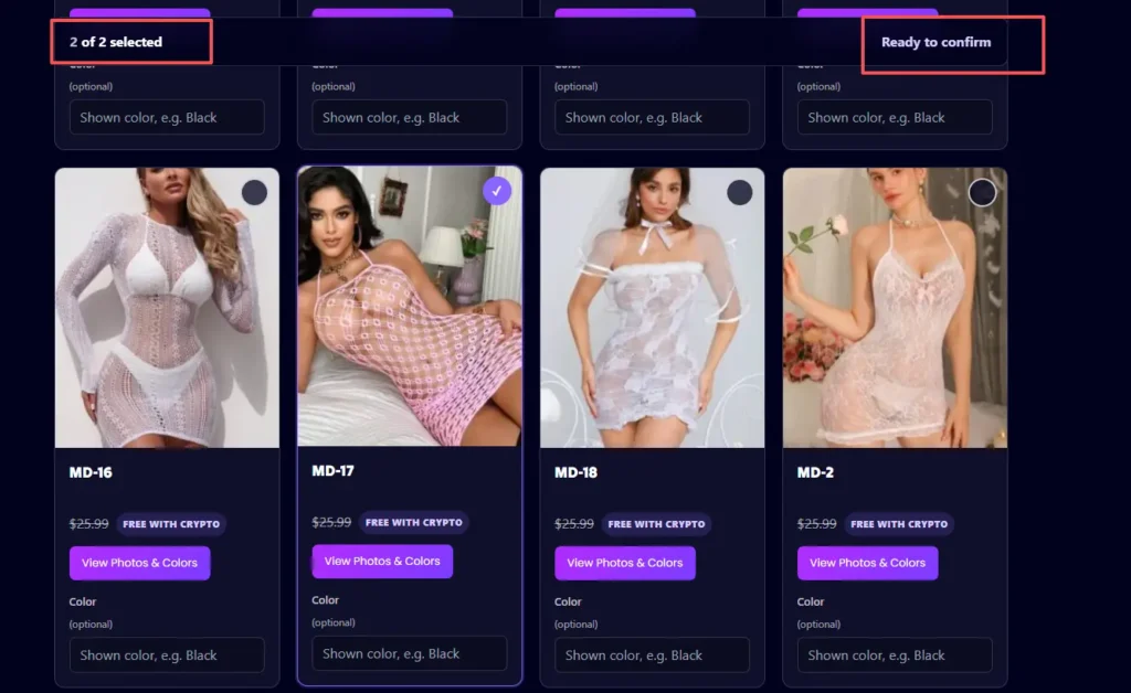 9Crave crypto gift page showing two selected free outfits ready for confirmation
