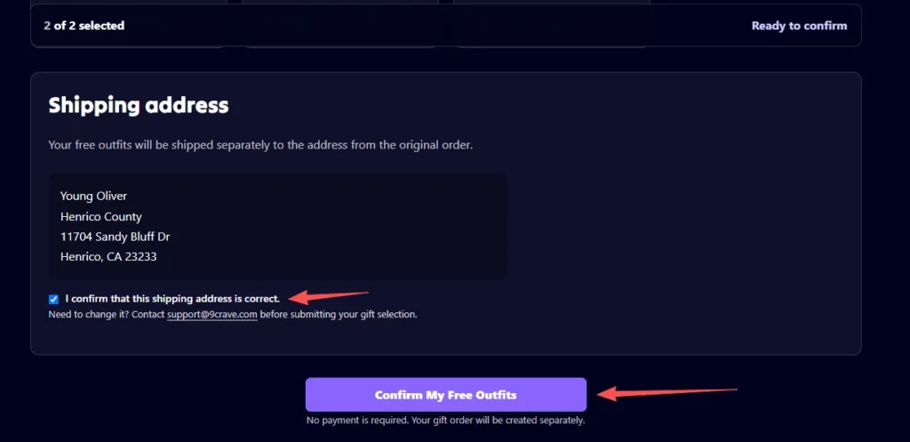 9Crave crypto gift page showing the shipping address confirmation step