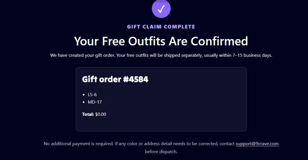 9Crave confirmation page showing that the free outfit gift order is complete