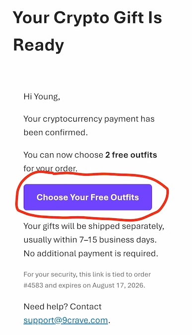 9Crave email with a button to choose two free crypto gift outfits