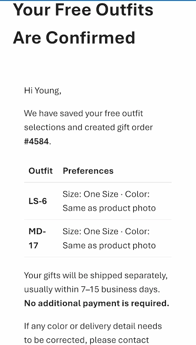 9Crave email confirming the selected free outfits and gift order