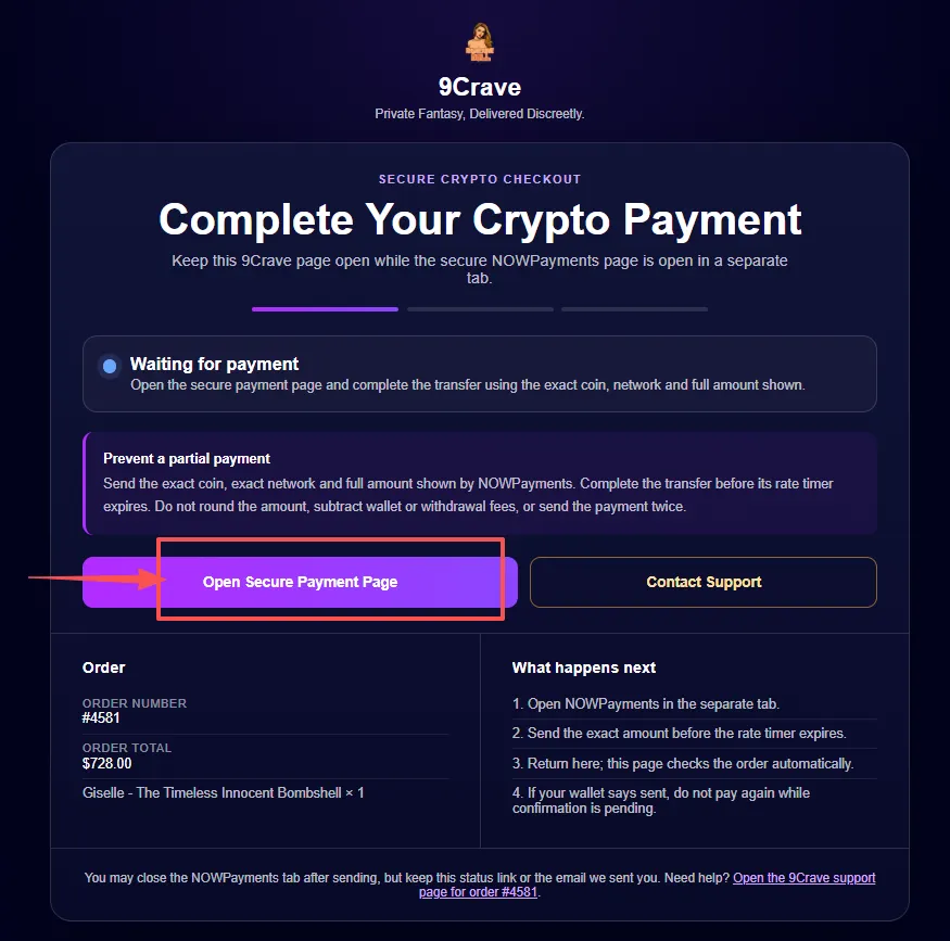 9Crave crypto payment page showing the Open Secure Payment Page button