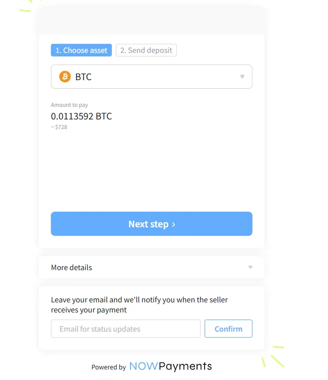 NOWPayments checkout page showing Bitcoin as the selected cryptocurrency