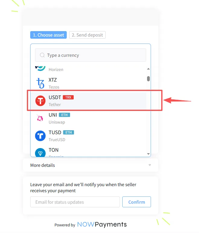 NOWPayments cryptocurrency menu with USDT selected