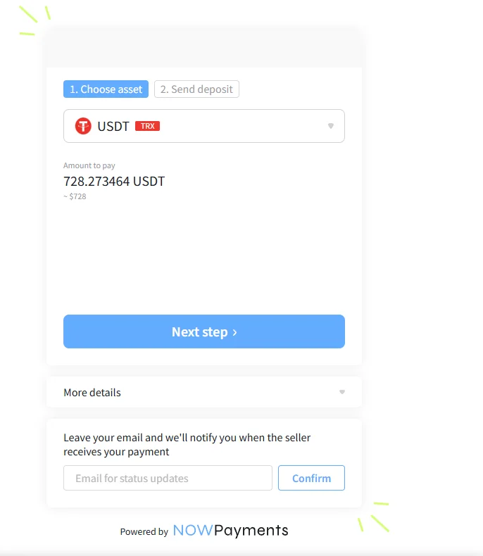 NOWPayments checkout page showing the required USDT payment amount