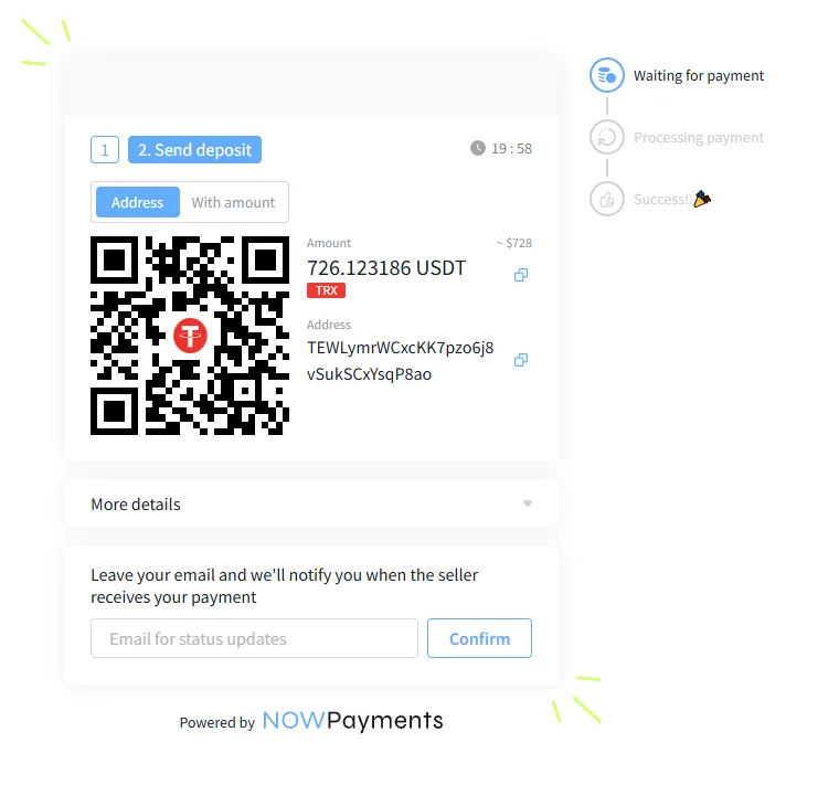 NOWPayments payment page showing a USDT QR code, wallet address and payment amount