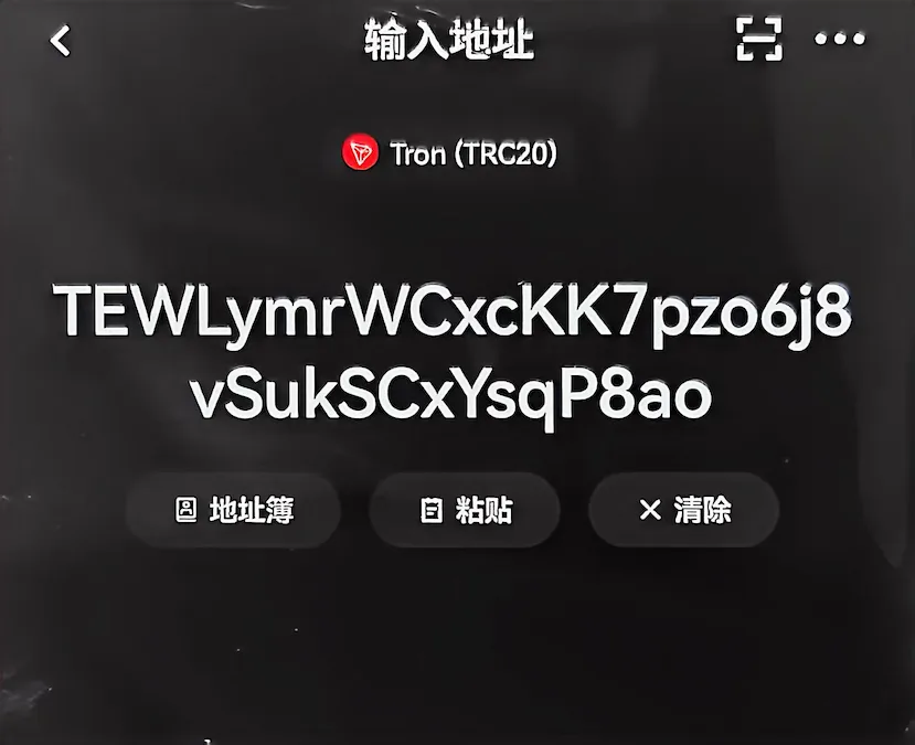 Crypto wallet address entry screen using the Tron TRC20 network