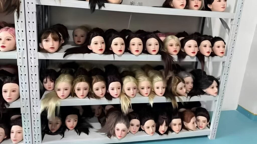 Large selection of customizable sex doll head sculpts displayed on warehouse shelves